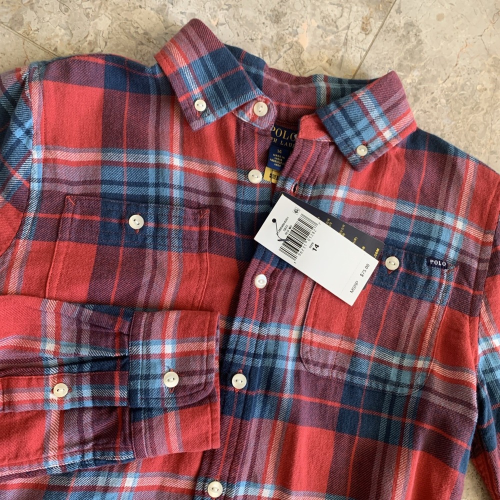 Polo Ralph Lauren Shirt Dress Girls 14 Red Plaid Drop Waist Ruffle Collar‎ NWT